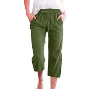 Generisch Pantalon 7/8 uni en lin mélangé pour femme, coupe ample, pantalon de loisirs avec poches, Vert armée., 5XL