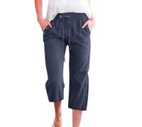 Generisch Pantalon 7/8 uni en lin mélangé pour femme, coupe ample, pantalon décontracté avec poches, bleu foncé, L