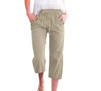 Generisch Pantalon 7/8 uni en lin mélangé pour femme, coupe ample, pantalon décontracté avec poches, kaki, S