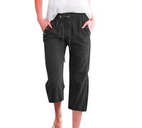 Generisch Pantalon 7/8 uni en lin mélangé pour femme, coupe ample, pantalon décontracté avec poches, Noir , M