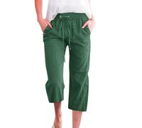 Generisch Pantalon 7/8 uni en lin mélangé pour femme, coupe ample, pantalon décontracté avec poches, vert, M