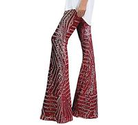 Generisch Pantalon à paillettes pour femme - Coupe large - Brillant - Taille haute - Évasé - Pantalon long évasé - Disco - Danse - Fête - Streetwear - Élégance tendance, rouge, M