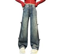 Generisch Pantalon baggy droit Y2k pour fille, avec taille élastique, en denim, pantalon long, jambes larges, pantalon de loisirs, taille basse, skinny, été 2026
