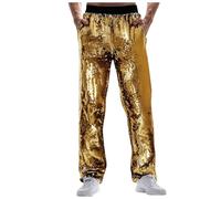 Generisch Pantalon chino à paillettes pour homme - Couleur unie - Paillettes - Tenue de fête disco - Taille élastique - Pantalon de loisirs, or, 3XL