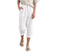 Generisch Pantalon conique pour femme en coton et lin avec boutonnière à l'avant, poches pratiques pour les loisirs et les activités professionnelles, Blanc., L
