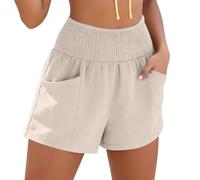 Generisch Pantalon court en lin pour femme - Pantalon de plage d'été chic - Taille haute - Léger - Style bohème décontracté - Bermuda décontracté - Pantalon de loisirs - Jambes larges - Respirant