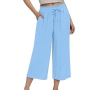 Generisch Pantalon de fitness pour femme en lin avec taille haute, couleur unie, taille ample et serrée, lacets et jambes larges, pantalon avec chaîne pour femme, bleu, L