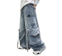 Generisch Pantalon de jogging cargo pour garçon avec jambe droite en jean pour une coupe décontractée comme pantalon large en hiver, bleu, 15-16 ans