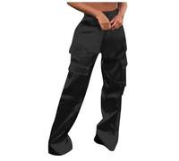 Generisch Pantalon de jogging pour femme - Brillant - Métallique - Satin - Taille haute - Pantalon cargo extra long - Plusieurs poches - Jambes larges - Fermeture éclair - Pantalon de survêtement