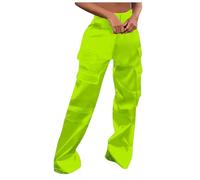 Generisch Pantalon de jogging pour femme - Brillant - Métallique - Satin - Taille haute - Pantalon cargo extra long - Plusieurs poches - Jambes larges - Fermeture éclair - Pantalon de survêtement