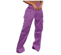 Generisch Pantalon de jogging pour femme - Brillant - Métallique - Satin - Taille haute - Pantalon cargo extra long - Plusieurs poches - Jambes larges - Fermeture éclair - Pantalon de survêtement