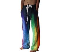 Generisch Pantalon de loisirs pour homme - Long - Pantalon de pyjama d'été - Pantalon de maison baggy confortable - Pantalon de sport en coton et lin - Couleurs arc-en-ciel - LGBT - Pantalon de