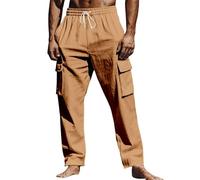 Generisch Pantalon de sport d'été léger pour homme - Pantalon de survêtement long en tissu cargo - Coupe droite - Couleur unie - Avec poches latérales - Pantalon en lin ample - Pantalon de jogging