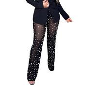 Generisch Pantalon de yoga transparent pour femme - Taille haute - Paillettes - Avec perles - Long legging élastique en maille transparente - Pantalon évasé - Pantalon en maille Y2K - Pantalon de