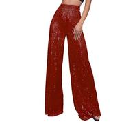 Generisch Pantalon décontracté à paillettes scintillantes pour femme, taille haute, jambes larges, pantalon évasé, vêtements de boîte de nuit, pantalon court bleu, rouge, L