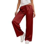 Generisch Pantalon décontracté en satin avec jambes larges et cordon de serrage - Pantalon confortable - Pantalon palazzo élégant à taille haute pour tous les jours, rouge, M