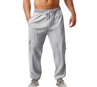 Generisch Pantalon d'été long et léger pour homme - Couleur unie - En lin - Avec cordon de serrage - Pantalon chino japonais - Pantalon cargo droit - Baggy - Pantalon de jogging - Pantalon de sport