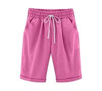 Generisch Pantalon d'été pour femme en coton et lin - Taille haute - Avec lacets - Pour la plage - Avec poche - Cinq points, Rose, M