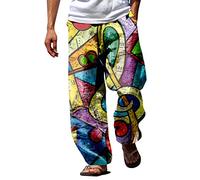 Generisch Pantalon d'été respirant semblable à du lin pour hommes avec jambe large imprimé Tether Pantalons originaux pour hommes, jaune, XL