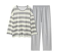 Generisch Pantalon en flanelle pour femme, imitation de couleur pure, coton, pyjama, décontracté, ample, manches longues, pantalon, robe de chambre avec dentelle pour femme, gris, XL