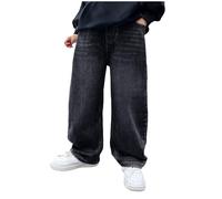 Generisch Pantalon en jean baggy pour garçons - Jean droit avec taille élastique - Mode denim - Pantalon loose fit - Denim vintage - Pantalon décontracté à jambe large - Pantalon de rue Y2K, noir-c