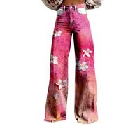 Generisch Pantalon en jean des années 70 pour femme - Taille haute - Ample - Jambes larges - Style bohème - Avec fleurs - Confortable - Pour femme - Pour l'extérieur - Streetwear - Pantalon de loisirs
