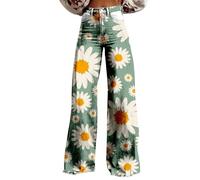 Generisch Pantalon en jean des années 70 pour femme - Taille haute - Ample - Jambes larges - Style bohème - Avec fleurs - Confortable - Pour femme - Pour l'extérieur - Streetwear - Pantalon de loisirs