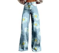 Generisch Pantalon en jean des années 70 pour femme - Taille haute - Ample - Jambes larges - Style bohème - Avec fleurs - Confortable - Pour femme - Pour l'extérieur - Streetwear - Pantalon de loisirs