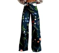 Generisch Pantalon en jean des années 70 pour femme - Taille haute - Ample - Jambes larges - Style bohème - Avec fleurs - Confortable - Pour femme - Pour l'extérieur - Streetwear - Pantalon de loisirs