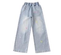 Generisch Pantalon en jean fille - Pantalon baggy - Pantalon à jambe large - Pantalon avec élastique - Pantalon large - Pantalon d’extérieur - Pantalon à taille haute - Pantalon décontracté - Pantalon