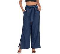 Generisch Pantalon en lin pour femme avec cordon de serrage élastique, jambes larges pour un confort décontracté et une mode décontractée élégante, Marine, XXL