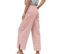 Generisch Pantalon en lin pour femme avec jambes larges et rayures - Pantalon d'été décontracté avec fente latérale - Pantalon palazzo aéré pour la plage et les loisirs, Stil_q06 Rose, S