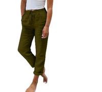 Generisch Pantalon en lin pour femme avec poches, cordon de serrage, taille haute, taille élastique, en mousseline de soie, pantalon de loisirs, léger, uni, baggy, droit, pantalon de jogging en coton