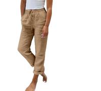 Generisch Pantalon en lin pour femme avec poches, cordon de serrage, taille haute, taille élastique, en mousseline de soie, pantalon de loisirs, léger, uni, baggy, droit, pantalon de jogging en coton