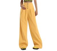 Generisch Pantalon en lin pour femme et culotte large avec pendentif pour femme, pantalon ample semi-élastique taille haute, pantalon fin à jambe large, jaune, L