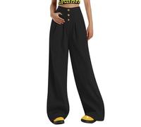 Generisch Pantalon en lin pour femme et culotte large avec pendentif pour femme, pantalon ample semi-élastique taille haute, pantalon fin à jambe large, Noir , L