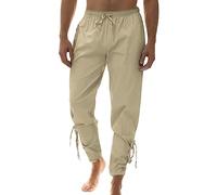 Generisch Pantalon en lin pour homme - Pantalon long médiéval - Costume Viking - Avec poches - Pantalon de pirate Renaissance - Pantalon Viking - Cosplay - Carnaval - Vêtement de navigateur - Pantalon