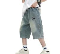Generisch Pantalon Enfant Unisexe Garçon Jeans Taille Élastique Jambe Large Décontracté Ample Demi-huitième avec Poches, bleu, 11-12 ans