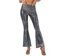 Generisch Pantalon évasé avec écailles à paillettes, pantalon décontracté, coupe ajustée, taille élastique confortable et extensible, pour un usage quotidien, argenté, S