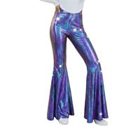Generisch Pantalon évasé décontracté pour femme avec taille extensible, coupe bootcut, tissu fin imprimé doré, idéal pour le carnaval, les fêtes, les spectacles, lilas, L