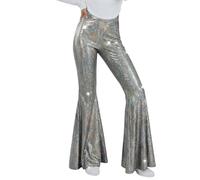 Generisch Pantalon évasé décontracté pour femme avec taille extensible, coupe bootcut, tissu fin imprimé doré, idéal pour le carnaval, les fêtes, les spectacles, argenté, XL
