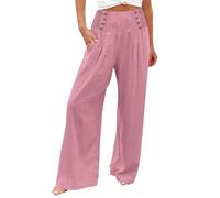 Generisch Pantalon Femme Jambe Large Été Décontracté Taille Haute Palazzo Pantalons de Plage Baggy avec Poche, Rose, M