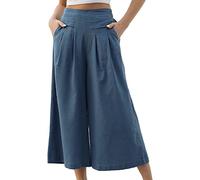 Generisch Pantalon Femme Jupe Pantalon Été Taille Haute Ample Jambe Large Palazzo Pantalon Uni Stretch Respirant Pantalon de Loisirs Extérieur Taille Élastique Pantalon d'été avec Poches S-XXL, bleu