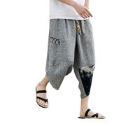 Generisch Pantalon japonais traditionnel élégant en lin pour homme - Grandes tailles - Patchwork - Pantalon de sport léger et fin - Pantalon 3/4 - Pantalon d'été décontracté - Pantalon d'été, gris, L