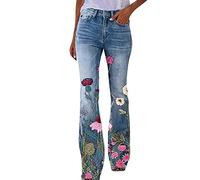 Generisch Pantalon jean pour femme, coupe boyfriend, taille haute, slim fit, avec imprimé fleuri, stretch, style Y2K, pour l'extérieur, streetwear, avec poches et passants de ceinture, S-5Xl, bleu, M