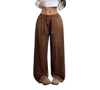 Generisch Pantalon léopard Y2K pour femme - Jambes larges - Taille haute - Pantalon de jogging sportif - Imprimé léopard streatwear - Pantalon palazzo avec cordon de serrage - En satin - Pantalon de