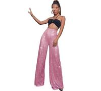 Generisch Pantalon Palazzo à paillettes scintillantes avec taille haute et jambe large pour femme - Pantalon tendance et fluide à jambes larges, Rose, 5XL