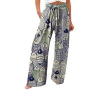 Generisch Pantalon palazzo pour femme en lin à taille haute et graphisme de poisson de chien, jambe large, pantalon long japonais avec poches, lilas, XL