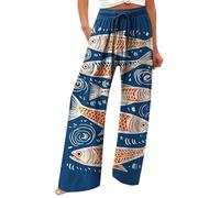 Generisch Pantalon palazzo pour femme en lin à taille haute et graphisme de poisson de chien, jambe large, pantalon long japonais avec poches, Orange, XL