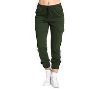 Generisch Pantalon pour femme - Pantalon cargo décontracté - Couleur unie - Avec poches - Cordon de serrage - Confortable et aéré - Pantalon d'extérieur - Pantalon de trekking, Vert armée., L